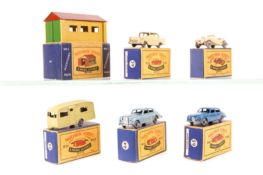 6 Matchbox Lesney vehicles/accessories. A MG Midget TD (19) in cream. A Caravan (23) in lime