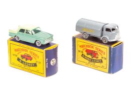 2 Matchbox Lesney vehicles. A Karrier Refuse Collector (38) in blue with grey plastic wheels and ‘