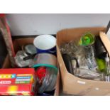 TWO BOXES OF KITCHENWARE, PANS, PYREX WARE AND GLASSWARE