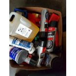 BOX OF MISC. CAR CLEANING LIQUIDS & AEROSOLS ETC.