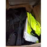 BOX OF HIGH VIS CLOTHING AND KIT VESTS