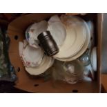 BOX OF POTTERY PLATES AND GLASSES