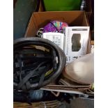 BOX CONTAINING BIKE HELMET, BOXED MINI SPEAKERS, CD PLAYER