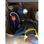 BOX OF TOOLS, SAWS, HEDGE CLIPPERS, WEED KILLER ETC