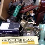 BOX OF MISC.; TROPHIES; CLOCK & POTTERY