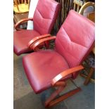 PAIR RED LEATHER AND BEECH FRAME ARMCHAIRS