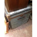 OLD TRAVEL TRUNK AND A PINE STOOL