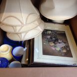 BOX OF POTTERY, LAMP SHADES & PICTURES