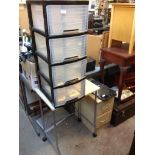 PLASTIC STORAGE DRAWERS, TABLE AND WOODEN FILING DRAWERS