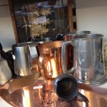 METAL TANKARDS, COPPER TRAY AND PAIR BAMBOO PLANTERS E4