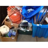 4 BOXES OF PLUMBING ITEMS & SOME TOOLS; PIPE BENDER; STILLSONS