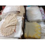 2 BOXES OF LINEN, CROCHET WORK