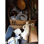 BOX OF KITCHEN SCALES & BOX OF MISC. POTTERY & WOOD BOWLS