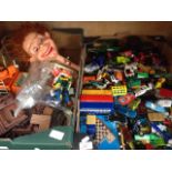 BOX OF TOYS AND A BOX OF ASSORTED FIGURES & BUILDING ITEMS