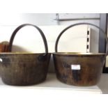 TWO BRASS JAM PANS. LARGEST DIAMETER 33CM H5