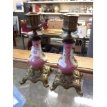 PAIR PORCELAIN AND METAL MOUNTED CANDLESTICKS C