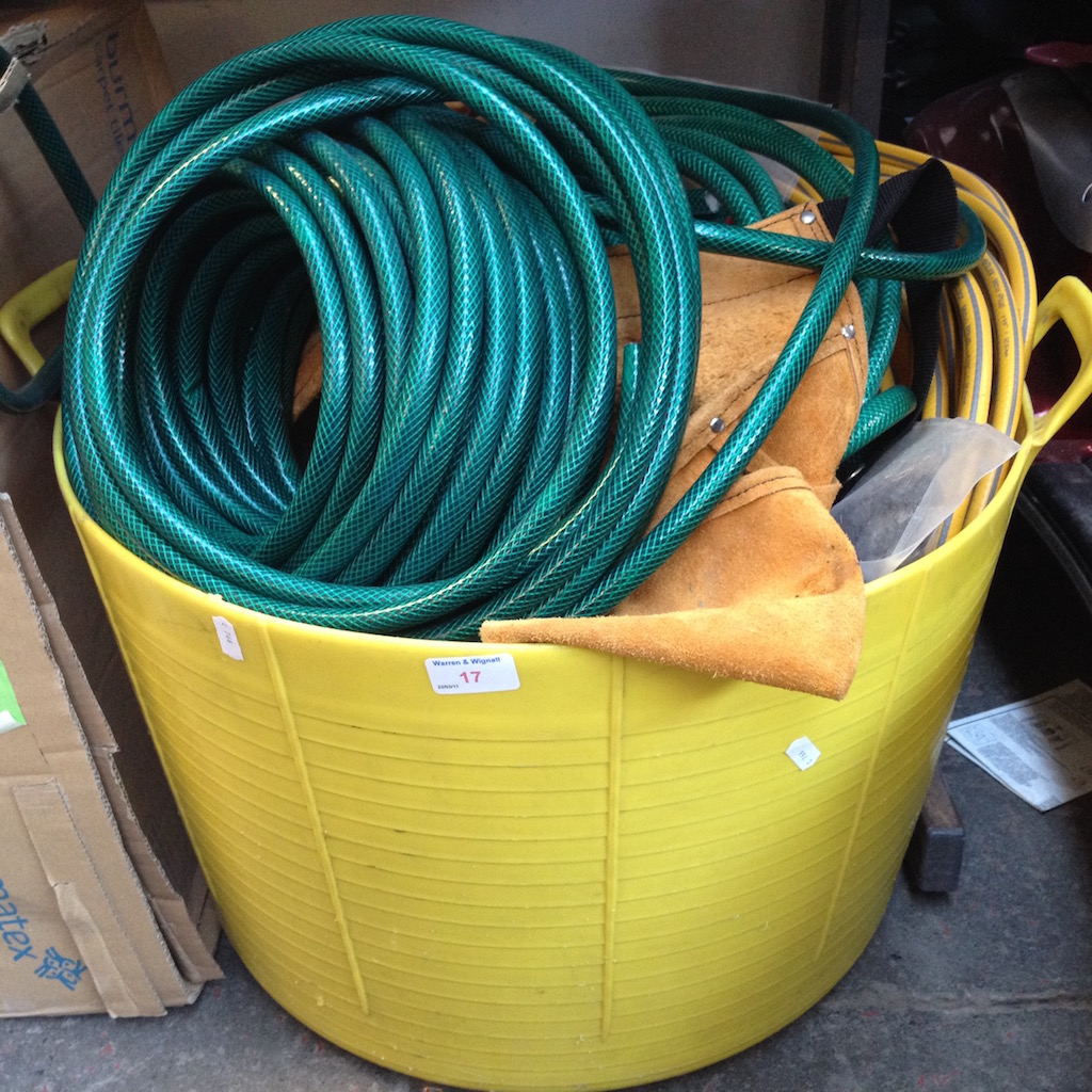 YELLOW TRUG OF GARDEN HOSEPIPE & MISC. ITEMS