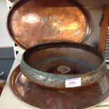 THREE COPPER AND SILVERED METAL BOWL AND TRAYS AND A MEDALLION G4