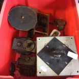 BOX OF GEAR BOXES, CLOCK MOVEMENT, TOW BAR HITCH ETC.