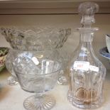 TWO GLASS DECANTERS AND THREE OTHER PIECES GLASS F4