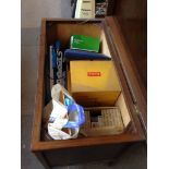 A BEDDING BOX OF ITEMS INC KODAK MOVIE PROJECTOR, CD PLAYER, BOOKS, ETC