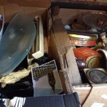 BOX INCLUDING FLAGS, WATCH STRAPS & BOX OF METAL TINS & BRIC-A-BRAC