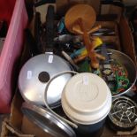 BOX OF CUTLERY & PANS