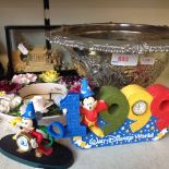 EPNS BOWL AND SOME ORNAMENTS AND DISNEY CLOCKS J4