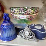 TWO MALING BOWLS, WEDGWOOD, BELL, CLOCK F4