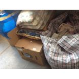 A QUANTITY (2 BOXES, 2 BAGS) OF CLOTHES, MATERIAL, CUSHIONS