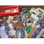 A box of various toys to include plastic and lead animals figures, diecast vehicles and boxed