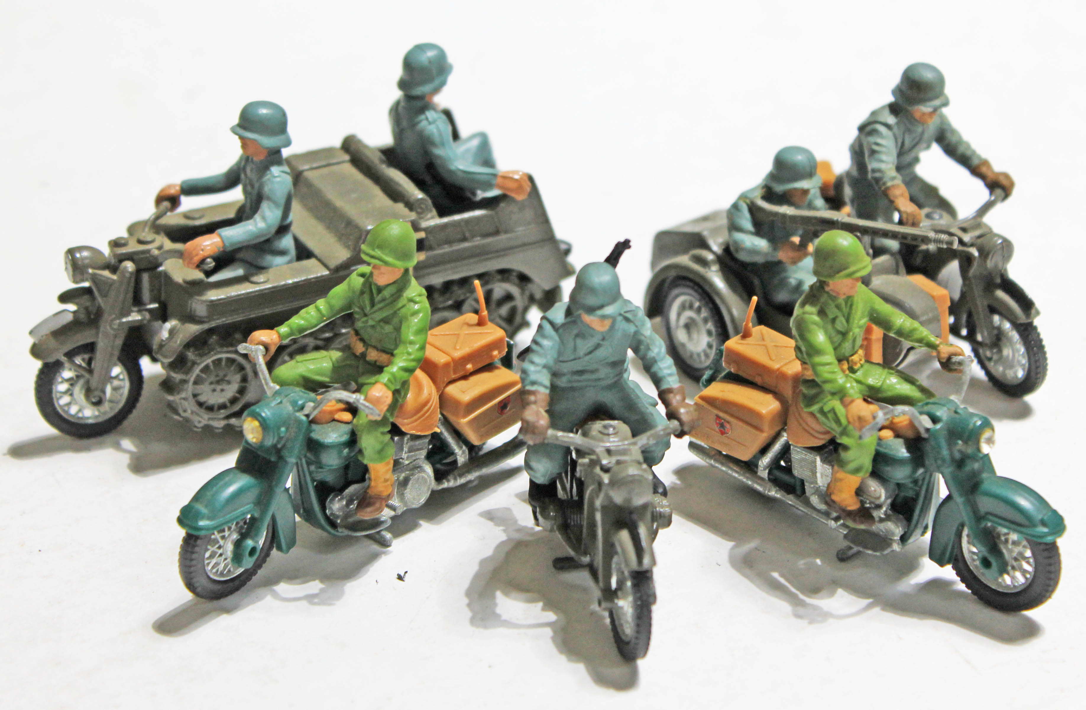 5 Britians motorcycle riders comprising Kettenkrad, German BMW motorcycle with side car and three