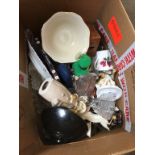 BOX OF MISC. GLASSWARE^ ORNAMENTS AND POTTERY