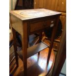 SMALL REPRO BURR WOOD TABLE WITH A DRAWER. W38CM