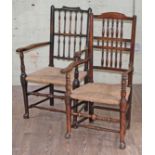 Two 19th Century Lancashire spindle back ash armchairs.