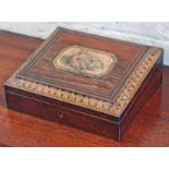 A Regency inlaid and pen work rosewood box with engraved scene to top, length 30.5cm.