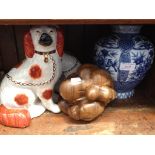 POT DOGS, WOODEN ORNAMENT AND BLUE VASE