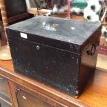 AN OLD EBONISED BOX WITH SOME TOOLS INSIDE H29CM W42CM D30CM