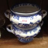 TWO BLUE AND WHITE TWO HANDLED BOWLS