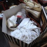 BOX OF LINEN, HANDBAGS ETC.