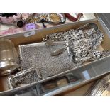 BOX OF EPNS PURSE, BELT, SILVER TOP JAR ETC. C