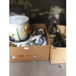 2 BOXES INCLUDING POTTERY, TELEPHONE, BOTTLE OF ITALIAN RED WINE