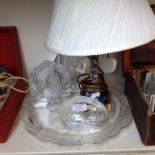 THREE GLASS SCULPTURES, A DISH AND CHINA LAMP N3