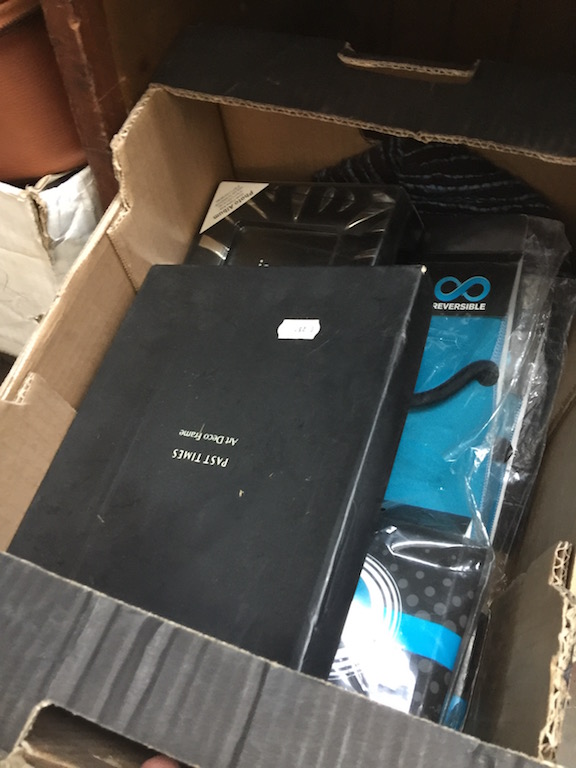 BOX CONTAINING PHOTO FRAMES, COMPUTER MICE