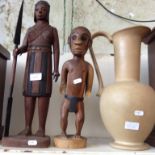 TWO CARVED FIGURES AND BROWN JUG P5