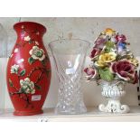 POTTERY VASE, GLASS VASE, FLORAL ORNAMENT E5