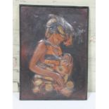 An African worked copper panel depicting a woman with baby, 44cm x 60.5cm, singed 'Ilunga-Shimba'.