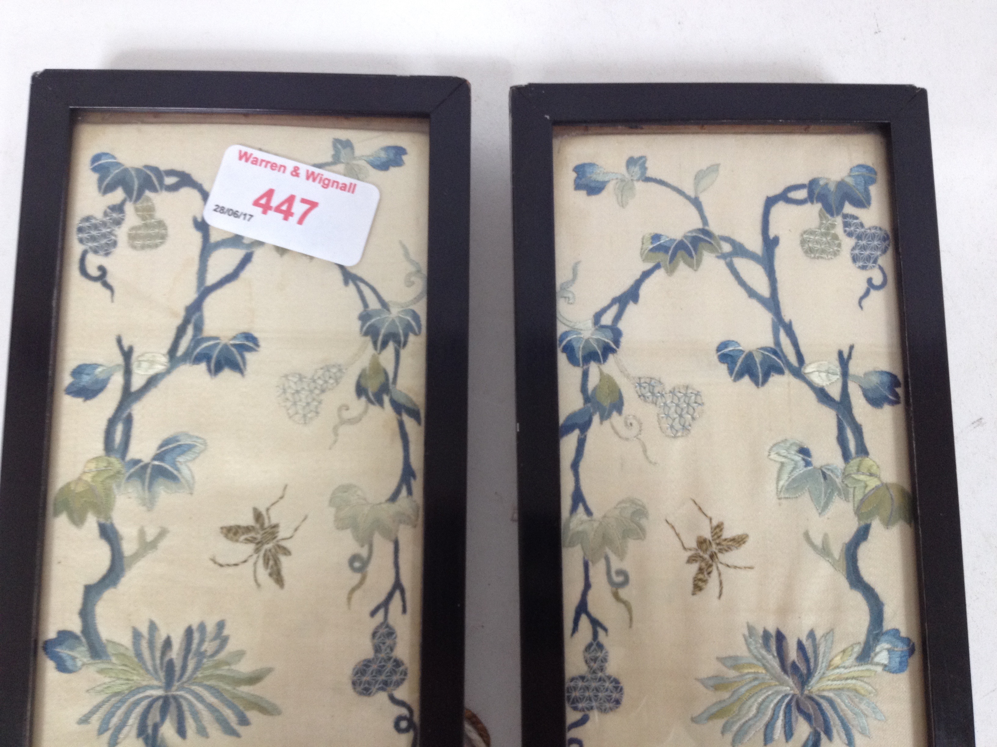 A pair of Oriental silk pictures 51cm x 10cm each. - Image 3 of 10