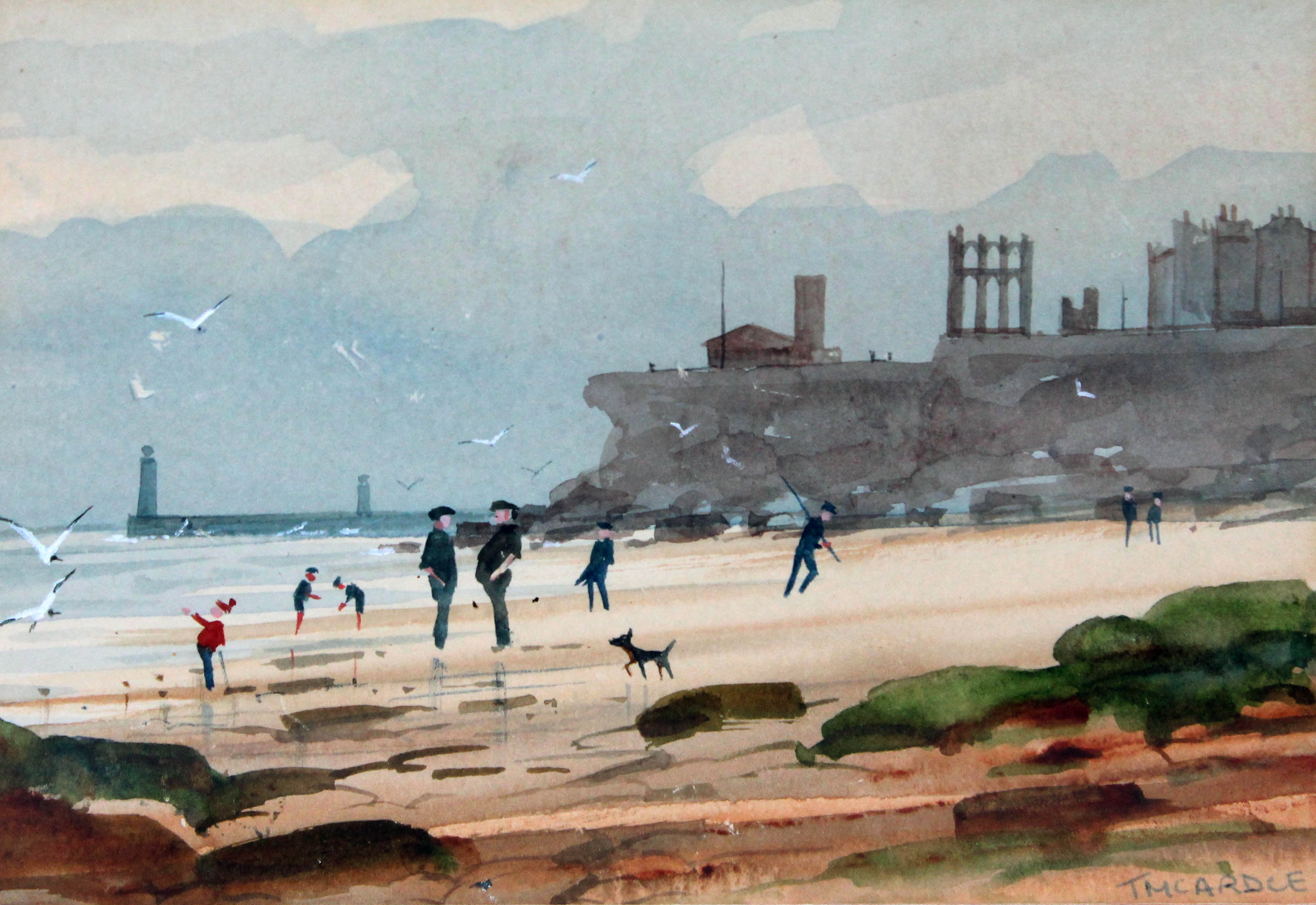 Terence McArdle, view of Tynemouth Priory with figures on beach, watercolour, 17.5cm x 12.5cm,