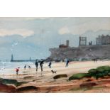Terence McArdle, view of Tynemouth Priory with figures on beach, watercolour, 17.5cm x 12.5cm,